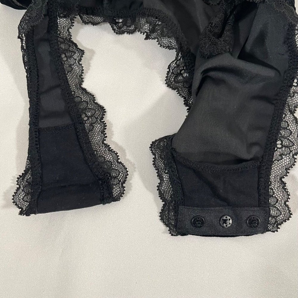 VICTORIA'S SECRET Black Velvet Lace Bodysuit Long Sleeves Thong Open Front XS - Picture 8 of 16